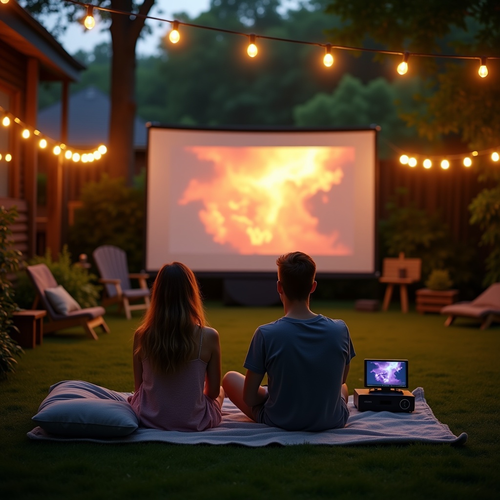 Backyard movie night with projector
